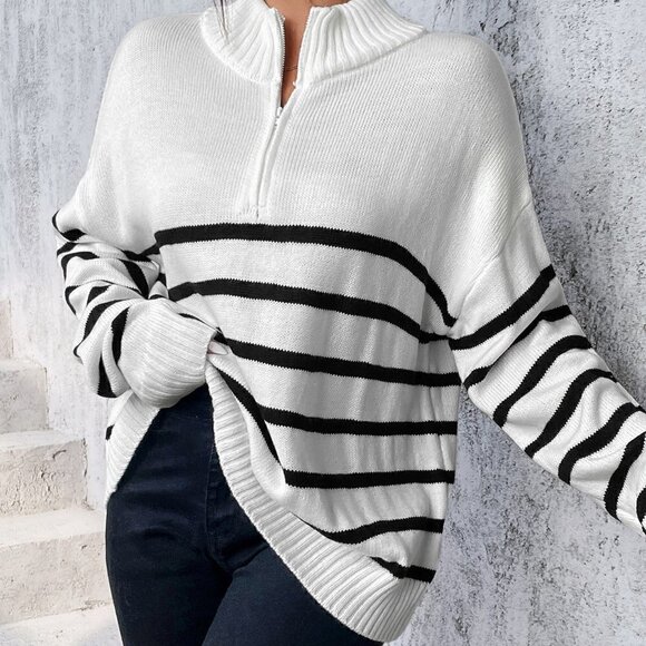 White Casual Womens Stripe Pattern Half Zipper Drop Shoulder Sweater - Picture 5 of 5